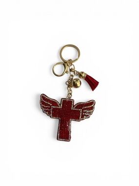 Red Winged Cross Crystal Keychain with Tassel